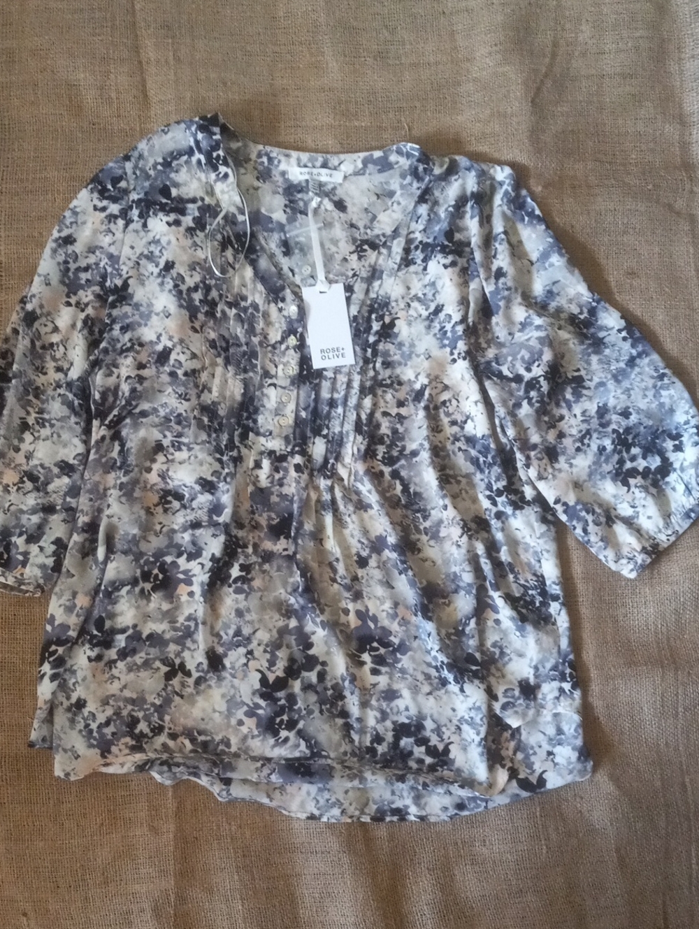 Rose & Olive Gray and White Floral Pintuck Blouse